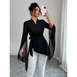 Women's French-Style Asymmetric Blouse - Chiffon Semi-Sheer Shirt Jacket with Short Sleeve, Machine Washable Elegant Tops for Spring/Fall Layering (Solid Color) - Wardrobe Essential for Dresses & Jeans