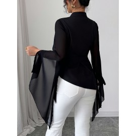 Women's French-Style Asymmetric Blouse - Chiffon Semi-Sheer Shirt Jacket with Short Sleeve, Machine Washable Elegant Tops for Spring/Fall Layering (Solid Color) - Wardrobe Essential for Dresses & Jeans