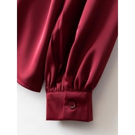 [Burgundy Satin Blouse] Long Sleeve Women's Elegant Burgundy Satin Blouse | Non-Sheer Polyester, 173gsm, Bow Tie Detail, Perfect for Spring/Autumn Office or Formal Wear