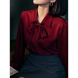 [Burgundy Satin Blouse] Long Sleeve Women's Elegant Burgundy Satin Blouse | Non-Sheer Polyester, 173gsm, Bow Tie Detail, Perfect for Spring/Autumn Office or Formal Wear