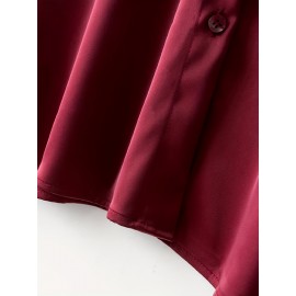 [Burgundy Satin Blouse] Long Sleeve Women's Elegant Burgundy Satin Blouse | Non-Sheer Polyester, 173gsm, Bow Tie Detail, Perfect for Spring/Autumn Office or Formal Wear