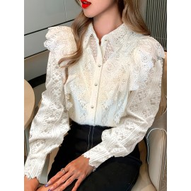 [Elegant Lace Blouse] White Elegant French Lace Blouse | Long Sleeve, Polo Neck, Intricate Lace Detail, Perfect for Casual Weekend Attire