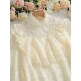 Mock Neck Ruffle Decor Blouse, Chic Long Sleeve Textured Blouse For Spring & Fall, Women's Clothing