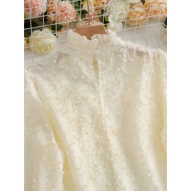 Mock Neck Ruffle Decor Blouse, Chic Long Sleeve Textured Blouse For Spring & Fall, Women's Clothing