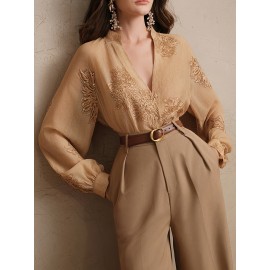 Elegant French Embroidered V-Neck Long Sleeve Blouse for Women - Chic Button-Up Shirt with Floral Pattern, Perfect for Business or Casual Outfits, Spring/Summer/Fall, Ladies Blouses