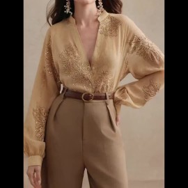 Elegant French Embroidered V-Neck Long Sleeve Blouse for Women - Chic Button-Up Shirt with Floral Pattern, Perfect for Business or Casual Outfits, Spring/Summer/Fall, Ladies Blouses