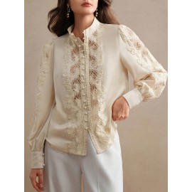 Women's Elegant Lace-Trimmed Semi-Sheer Long Sleeve Shirt - Stand Collar Button-Up Blouse with Chest Pockets, Lightweight 3-Season Top for Spring Summer Fall, Machine Washable, Casual Chic Wear, Sophisticated Detailing
