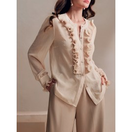 Women'S French-Inspired Elegant Long Sleeve Shirt with Ruffled Cuffs - Round Neck Pleated Design, Lightweight Beige Blouse for Spring Summer Fall, Versatile for Valentine'S Day, Vacation & Business Casual Outfits, Vacation Clothing, Soft Texture Top