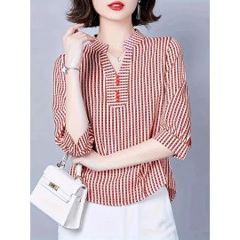 [Breathable Black & White] Elegant Women's Loose V-Neck Shirt With 3/4 Sleeves And An Asymmetrical Hem, Breathable Black And White Stripes For Spring, Summer, And Autumn
