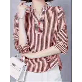 [Breathable Black & White] Elegant Women's Loose V-Neck Shirt With 3/4 Sleeves And An Asymmetrical Hem, Breathable Black And White Stripes For Spring, Summer, And Autumn