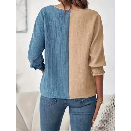 Elegant Color Block V-Neck Blouse for Women - Breathable Polyester, Machine Washable - Perfect for Spring/Summer/Fall