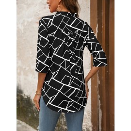 1pc Elegant Women'S Geometric-Patterned V-Neck Half Sleeve Shirt - Polyester Woven Pullover with Regular Fit for Spring/Summer/Fall