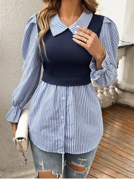 Striped Print Color Block Splicing Blouse, Elegant Long Sleeve Single Breasted Blouse For Spring & Fall, Women's Clothing