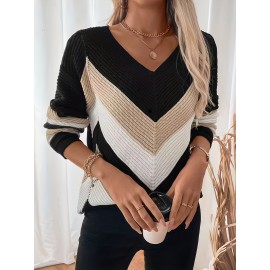 Women's Beige/Navy/Black/Brown/White/Gray V-Neck Color Block Sweater - Slim-Fit Long Sleeve Sweater Jacket with Collar, Hand Washable Winter Coat for Casual & Formal Wear, Elegant Fall Winter Sweating-Layering Piece
