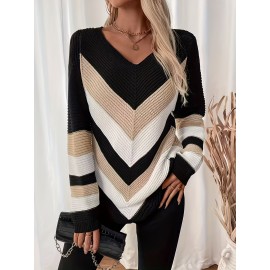 Women's Beige/Navy/Black/Brown/White/Gray V-Neck Color Block Sweater - Slim-Fit Long Sleeve Sweater Jacket with Collar, Hand Washable Winter Coat for Casual & Formal Wear, Elegant Fall Winter Sweating-Layering Piece