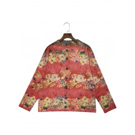 Women'S Vibrant Floral Print Cardigan - 3D All-Over Design, Button-Up Front, Long Sleeves, Lightweight & Breathable for Spring/Fall, White Ribbed Top Underneath, Casual Chic Style, Spring Outerwear | Vibrant Cardigan | Texture