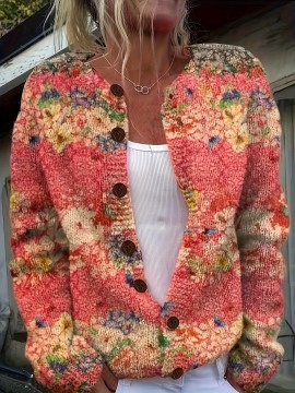 Women'S Vibrant Floral Print Cardigan - 3D All-Over Design, Button-Up Front, Long Sleeves, Lightweight & Breathable for Spring/Fall, White Ribbed Top Underneath, Casual Chic Style, Spring Outerwear | Vibrant Cardigan | Texture