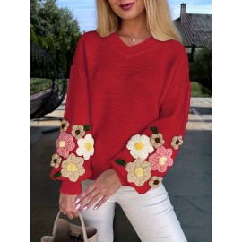 V-Neck Color Block Three-Dimensional Lantern Sleeve Versatile Pullover Top