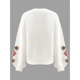 V-Neck Color Block Three-Dimensional Lantern Sleeve Versatile Pullover Top