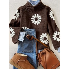 Women'S Elegant Floral Sweater - Long Sleeve High Neck Pullover with Brown & Flower Pattern, All-Season Layering Top for Everyday & Formal Outfits - Women'S
