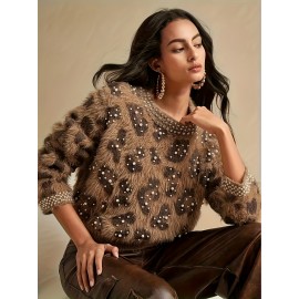 Elegant Leopard Print Pearl-Adorned Sweater Jacket - Luxurious Pearl-Accented Collar & Sleeve Trim, High Elasticity Round Neck Blazer for All-Season Wear, Semi-Sheer Warm Coat (Hand Wash/Dry Clean) - Pearl-Decorated Blazer