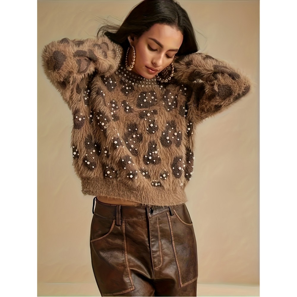 Elegant Leopard Print Pearl-Adorned Sweater Jacket - Luxurious Pearl-Accented Collar & Sleeve Trim, High Elasticity Round Neck Blazer for All-Season Wear, Semi-Sheer Warm Coat (Hand Wash/Dry Clean) - Pearl-Decorated Blazer