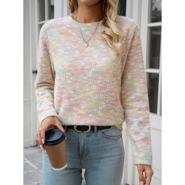 Women's Rainbow Striped Sweater - Pastel Color Block Design, Soft Round Neck Pullover, Hand Washable All-Season Casual Top, Cute Sweaters, Durable Fabric