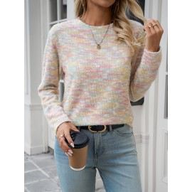 Women's Rainbow Striped Sweater - Pastel Color Block Design, Soft Round Neck Pullover, Hand Washable All-Season Casual Top, Cute Sweaters, Durable Fabric