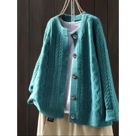 Women'S Vintage Cable Cardigan - Navy Button-Front Sweater with Ribbed Collar, Long Sleeve Casual Open Front Sweater for Spring/Fall, Office, Party