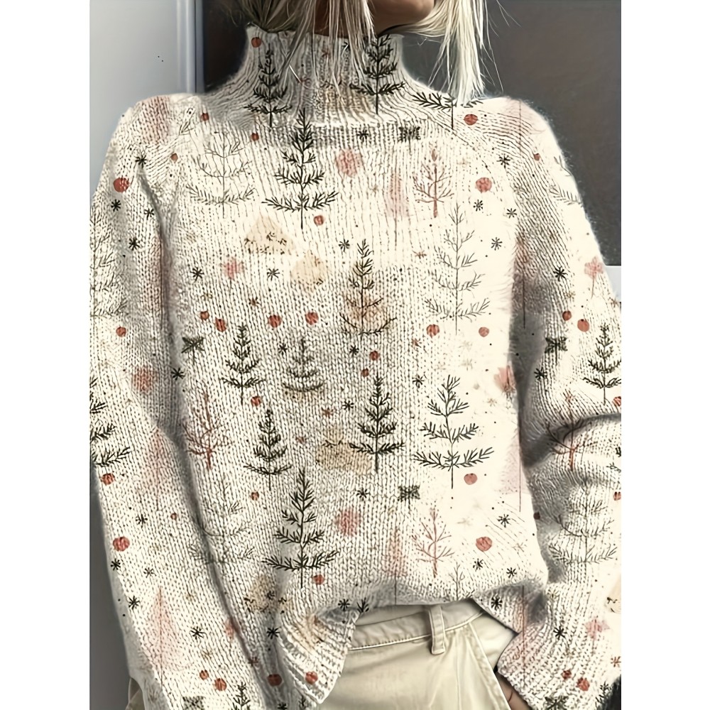 [Elegant High-Neck Sweater] Soft Beige, Women's Elegant High-Neck Sweater with Tree Print | Long Sleeve, All-Season Wear, Perfect for Casual or Chic Outfits, Versatile Clothing | Chic Knitwear | Texture