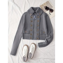 Multi-button decorated large zipper stand-up collar slim-fit cardigan