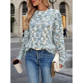 Women's Autumn Winter Sweater - Middle Eastern-Inspired Gradient Color Block Design, Soft Round Neck Long Sleeve Pullover, Elegant Casual Chic Top for Versatile Outfits, Sweater