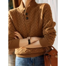 Women's Elegant Cable Sweater - Long Sleeve Pullover Sweater with Stand-Up Collar & Front Button Closure, Chic Fall Winter Sweater for Office, Party, Everyday Outfits - Women's Sweater Clothing, Office Wear, Classic Knitwear, Cozy Fabric, Working Professionals