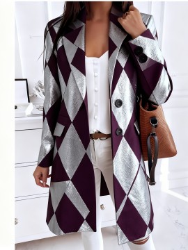 Plus-Size Women's Winter-Ready Houndstooth Jacket - & White Collar Coat with Button-Front Closure, Chest Pocket & Machine Washable - Casual to Professional Outerwear (Diamond Pattern) for, Office, or Casual Attire