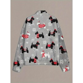 Plus Size Woman's Christmas Scottish Terrier & Snowflake Print Jacket - Winter Dog Coat with Button Front, Machine Washable Polyester Outerwear for Holiday Parties & Cold Weather
