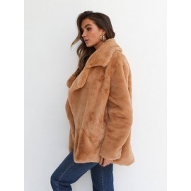 Women'S Plus-Size Elegant Plush Lapel Winter Jacket - Soft Brown/ - Open Front Coat with Classic Collar & Long Sleeves - All-Season Casual to Formal