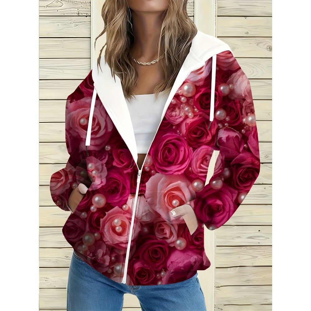 Plus Size Women'S 3D Pink Roses & Pearl Floral Zip-Up Hoodie - Full-Body Print Cozy Pullover Sweatshirt, Long Sleeve Winter Warmth, Casual to Formal Outfits, Ideal Gift for Rose & Pearl Lovers (Autumn/Winter) - Elegant Women'S Fashion
