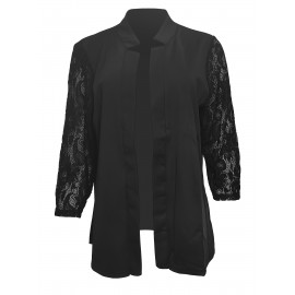 Plus Size - Women'S Elegant Lace Sleeve Blazer - Structured Lapel Collar Tailored Fit Cardigan, Solid Black with Contrast Lace Cuff & Hem, Spring Summer Casual to Semi-Formal Outerwear, Versatile for Everyday & Special Occasions, Lace Blazer for Women Plus Size, Plus Size Lace Blazer for Women Plus Size Coats And Jackets, Formal Lace Blazer for Women, Stretch Blazer For Women