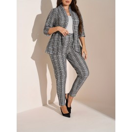 Plus Size - Women'S Plus Size Casual Plaid Suit Set - Open Front Blazer & Pants, Light Gray & White Checkered Pattern, Long Sleeve, Button-Up, Spring/Fall Office or Casual Attire, Casual Attire|Checkered Pattern|Slight Stretch Fabric