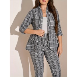 Plus Size - Women'S Plus Size Casual Plaid Suit Set - Open Front Blazer & Pants, Light Gray & White Checkered Pattern, Long Sleeve, Button-Up, Spring/Fall Office or Casual Attire, Casual Attire|Checkered Pattern|Slight Stretch Fabric