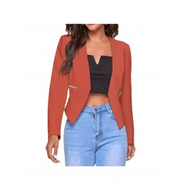 Plus Size, Women's Plus-Size Elegant Mustard-Yellow Blazer with Black Collar & Zipper Pockets - Structured Collar Long Sleeve Tailored Coat, All-Season Versatile Jacket for Casual, Business & Formal Wear - Machine Washable Tailored Fit (Vibrant Yellow) - Front Placket, Notched Collar, Zipper Closure, Solid Color, Suitable for Spring & Autumn, Mature Style, Suitable for Casual Attire, Plus Size Womens Blazer, Oversized Blazer For Women Plus Size,