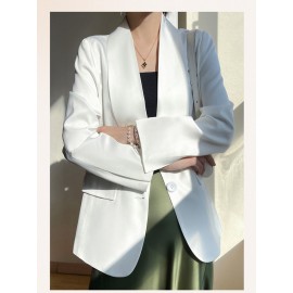 Plus Size - Women'S Luxury -Like Satin Loose-Fitting Suit Jacket - Thin Design Professional High-End Tailored Blazer, Solid Color Elegant Office & Formal Wear, Spring/Autumn Versatile Outerwear for Business, Weddings, Semi-Formal Events - Women'S Fa