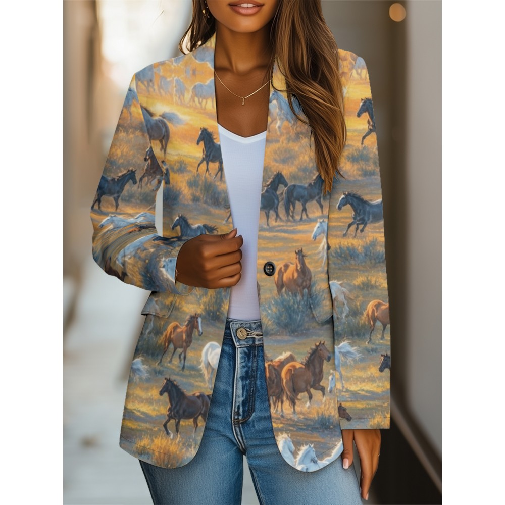 Plus Size, Women's Western Cowgirl Print Blazer Jacket - Horse & Cowboy All-Over Pattern (Horses/Tents/Hats) - Soft-Lining Polyester Suit Coat for Casual & Professional Wear, Cowboy-Themed Events, Wrinkle-Resistant H-Line Fit (No Belt), Printed Blazers For Women, Jackets For Women, Blazers For Women Elegant Classy, Halloween Plus Size, Casual Blazer For Women, Unusual Clothes For Women, Suits For Women, Halloween Coat, Boho Blazer For Women, Leopard Long Coat, Tops For Women