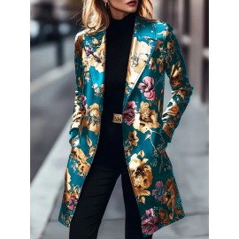 Plus Size - Plus Size Women'S Elegant Floral Print Blazer - Long Sleeve, Single-Breasted, Non-Stretch Fabric, Lapel Collar, Regular Fit, Fall/Winter Casual, Casual Wear Blazer | Floral Print Blazer | Nonstretch Fa