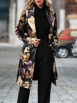 Plus Size - Plus Size Women'S Elegant Floral Print Blazer - Long Sleeve, Single-Breasted, Non-Stretch Fabric, Lapel Collar, Regular Fit, Fall/Winter Casual, Casual Wear Blazer | Floral Print Blazer | Nonstretch Fa