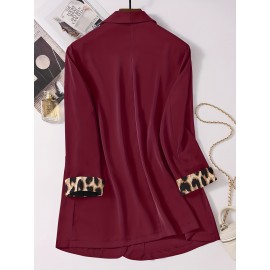 Plus Size, Black leopard print plus-size Women's suit jacket with spliced cuffs, elegant office attire for daily commuting