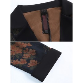 Plus Size, Scacto Women's Vintage Floral print Blazer Jacket - Elegant Lapel Collar & Belted Waist, Single-Button Front, Dropped Shoulder - Winter Formal Party Wedding Attire, Hand Washable Statement Piece for Special Occasions