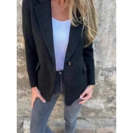 Plus Size, Women's Oversized Solid Color Tweed Lapel Jacket - Beige Brown Tailored Suit Coat with Fake Pocket, Machine Washable All-Season Casual & Formal Outerwear for Women (Large Size, Structured Fit, Button Front Closure, Relaxed Fit, Long Sleeves, Classic Collar, Versatile Casual Attire) - Elegant Tweed Fabric, Timeless Design, Suitable for Various Occasions, Easy Care, Sophisticated Look, Dress Jackets for Women Plus Size