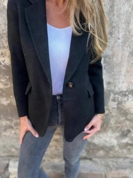 Plus Size, Women's Oversized Solid Color Tweed Lapel Jacket - Beige Brown Tailored Suit Coat with Fake Pocket, Machine Washable All-Season Casual & Formal Outerwear for Women (Large Size, Structured Fit, Button Front Closure, Relaxed Fit, Long Sleeves, Classic Collar, Versatile Casual Attire) - Elegant Tweed Fabric, Timeless Design, Suitable for Various Occasions, Easy Care, Sophisticated Look, Dress Jackets for Women Plus Size