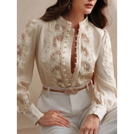 Women's Elegant Lace-Trimmed Semi-Sheer Long Sleeve Shirt - Stand Collar Button-Up Blouse with Chest Pockets, Lightweight 3-Season Top for Spring Summer Fall, Machine Washable, Casual Chic Wear, Sophisticated Detailing